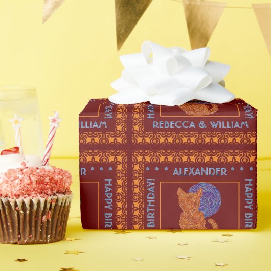 オレンジの猫とムーン猫好きパーソナライズされた ラッピングペーパー (誕生日パーティー)