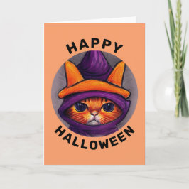 オレンジの猫と紫の魔女の帽子 ハッピーハロウィン カード