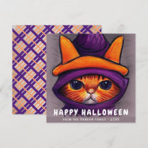 オレンジの猫と紫の魔女の帽子 ハッピーハロウィン