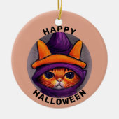 オレンジの猫と紫の魔女の帽子 ハッピーハロウィン セラミックオーナメント (正面)