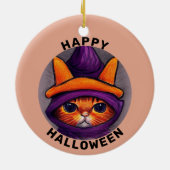 オレンジの猫と紫の魔女の帽子 ハッピーハロウィン セラミックオーナメント (裏面)