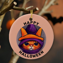 オレンジの猫と紫の魔女の帽子 ハッピーハロウィン セラミックオーナメント
