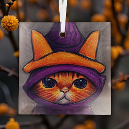 オレンジの猫と紫の魔女の帽子 ハロウィン ガラスオーナメント