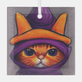 オレンジの猫と紫の魔女の帽子 ハロウィン ガラスオーナメント (正面)
