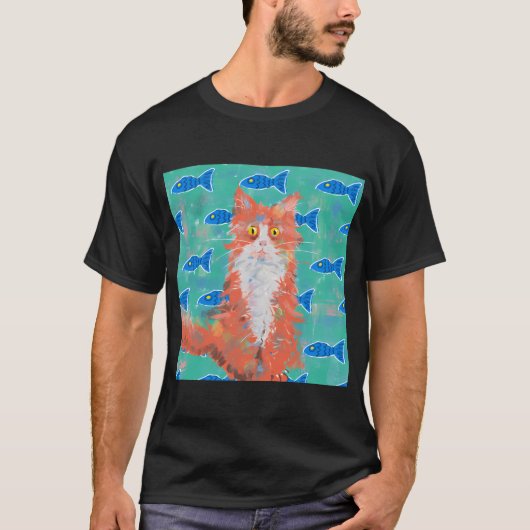 オレンジの猫と青い魚 Tシャツ (正面)