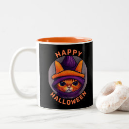 オレンジの猫のかわいいハロウィンマジックハット ツートーンマグカップ