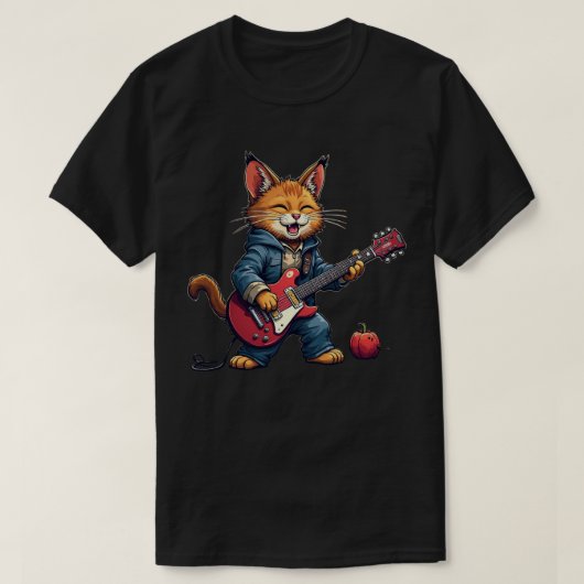 オレンジの猫のギタリスト Tシャツ (デザイン正面)
