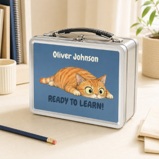 オレンジの猫のデザインのデニムブルーの金属製ランチボックス オリジナルプリント メタルランチボックス