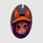 オレンジの猫のハロウィン パープルの魔女の帽子 オーナメント (正面)