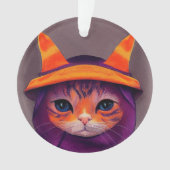オレンジの猫のハロウィン パープルの魔女の帽子 オーナメント (正面)