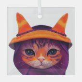 オレンジの猫のハロウィン パープルの魔女の帽子 ガラスオーナメント (正面)