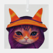 オレンジの猫のハロウィン パープルの魔女の帽子 ガラスオーナメント (裏面)
