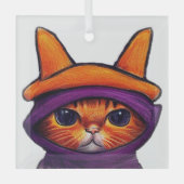 オレンジの猫のハロウィン パープルの魔女の帽子 ガラスオーナメント (正面)