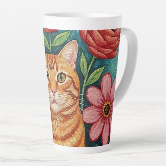オレンジの猫のフォークアートフラワー カフェラテマグ (右アングル)