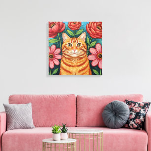 オレンジの猫のフォークアートフラワー キャンバスプリント