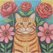 オレンジの猫の民芸風フラワー シール (正面)