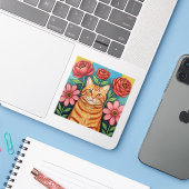 オレンジの猫の民芸風フラワー シール (ノートパソコンとiPhone)