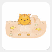 オレンジの猫の砂の城ビーチシーン スクエアシール (正面)
