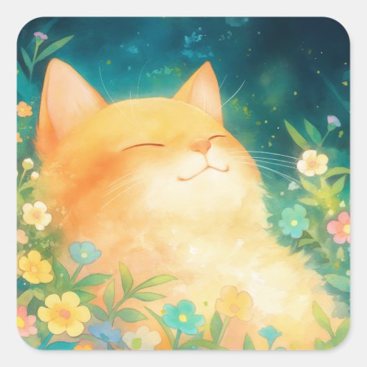 オレンジの猫の穏やかな昼寝 スクエアシール (正面)