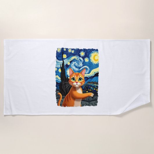 オレンジの猫の自撮り 星空の猫ママ  猫好き ビーチタオル (正面)