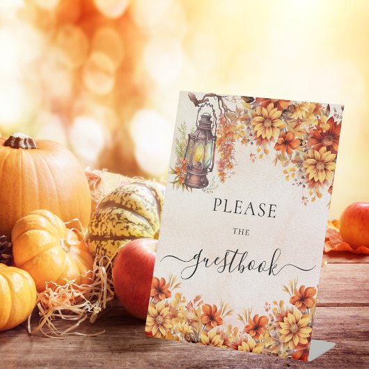 オレンジの秋の花のパーティーのゲストブック 台座サイン