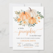 オレンジの秋の花模様の小さなかぼちゃ 招待状 (正面)