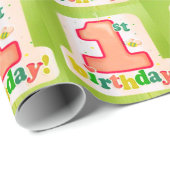 オレンジの第1誕生日ラベルグリーンバックグラウンド ラッピングペーパー (ロールコーナー)