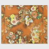オレンジの背景に継ぎ目のないミックスフラワー ラッピングペーパー (フラット)