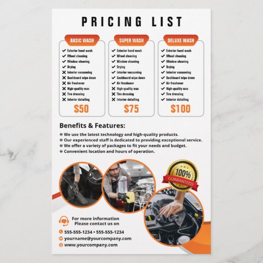 オレンジの自動車洗車自動詳細サービス チラシ (裏面)