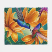 オレンジの花でハミングする鳥 フリースブランケット (正面(横))