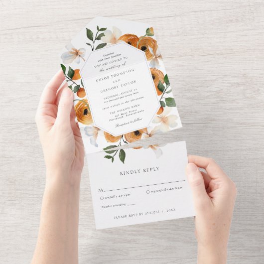 オレンジの花とグリーン ウェディング オールインワン オールインワン招待状 (貼ってはがせる)