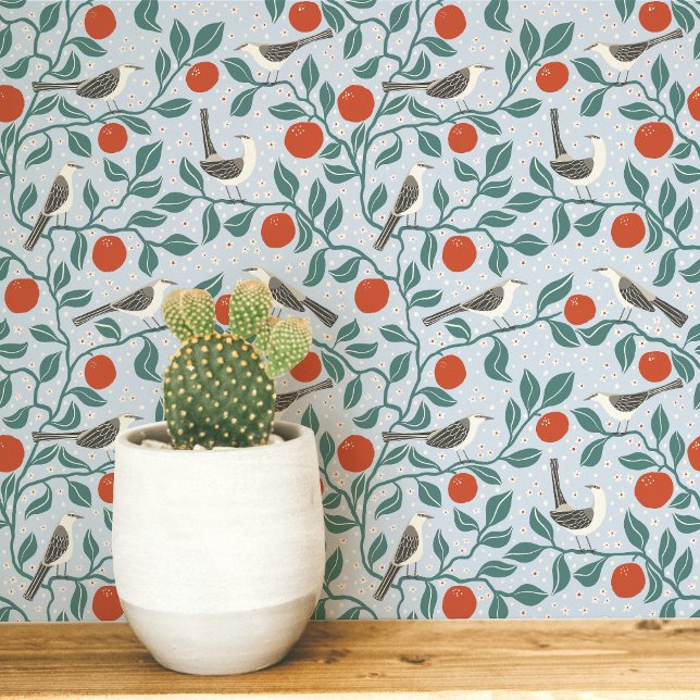 オレンジの花とマネシツグミの鳥のライトブルー 壁紙 (Mockingbird Orange Blossom arts and crafts inspired bird and botanical wallpaper for nature lovers)