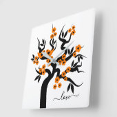 オレンジの花とラブバード桜さくらんぼツリー  スクエア壁時計 (傾斜)