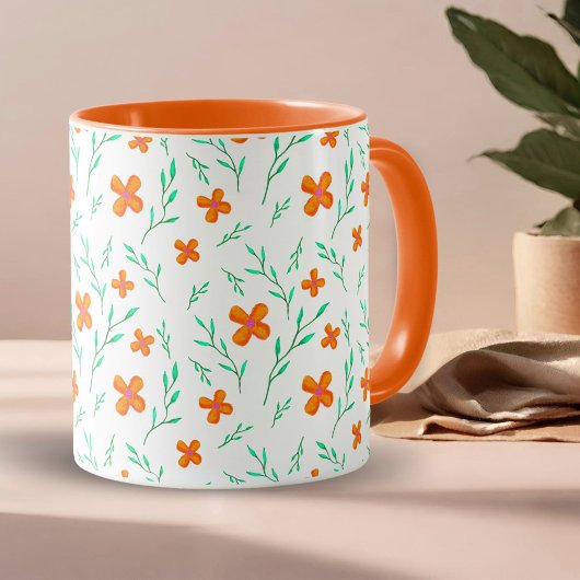 オレンジの花と小枝の水彩パターン マグカップ
