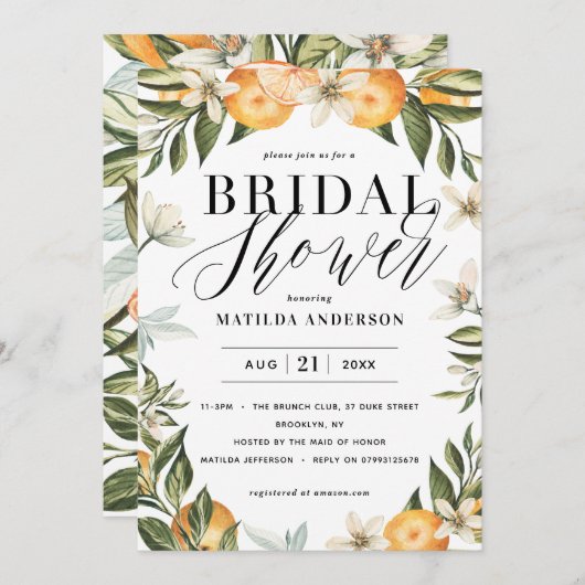 オレンジの花と柑橘類のブライダルシャワーパーティー (正面/裏面)