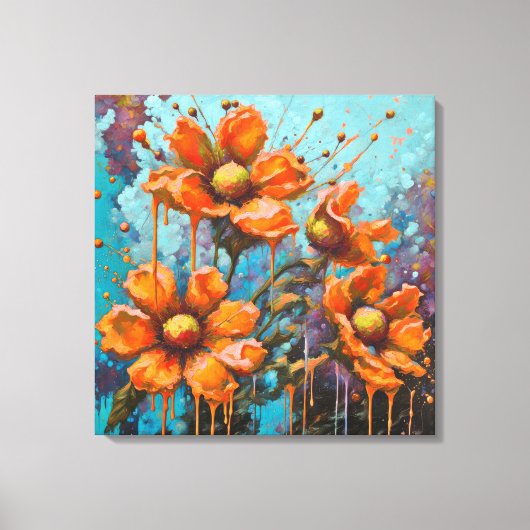 オレンジの花と絵の具の滴り キャンバスプリント (正面)