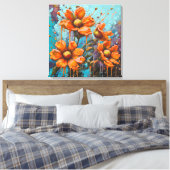 オレンジの花と絵の具の滴り キャンバスプリント (インサイチュ (寝室))