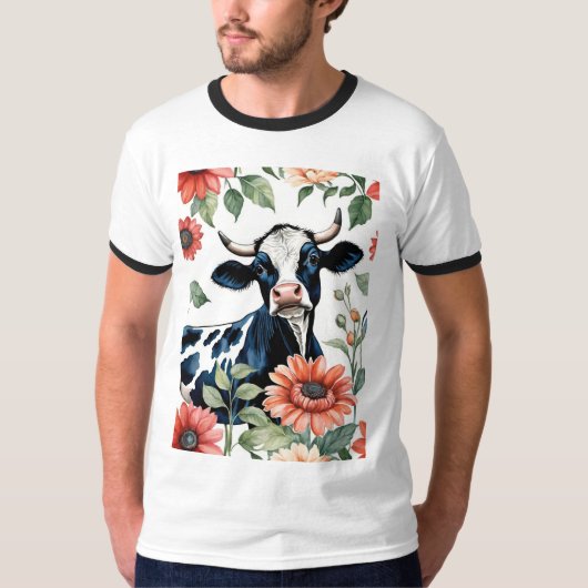 オレンジの花と黒白の牛 Tシャツ (正面)