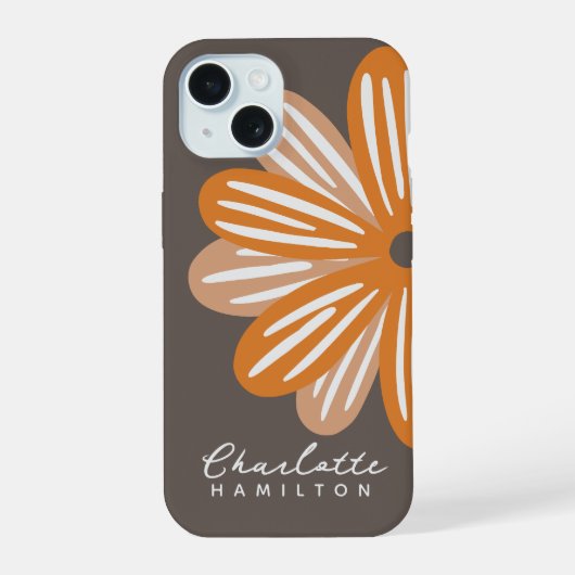 オレンジの花のカスタムネーム iPhone 15ケース (裏面)