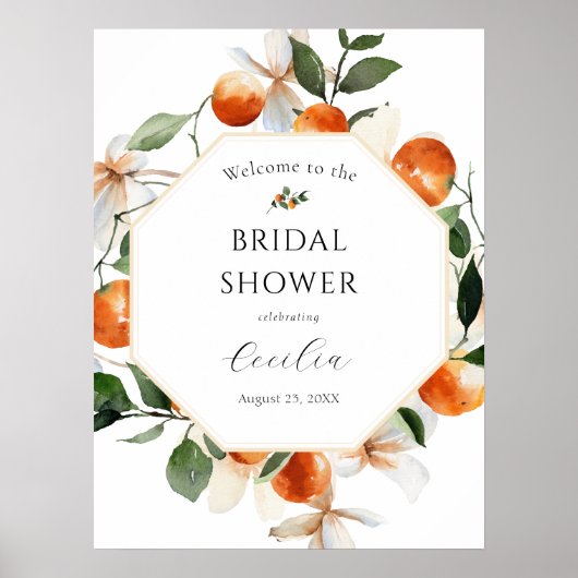 オレンジの花のブライダルシャワーのウェルカムサイン ポスター (正面)