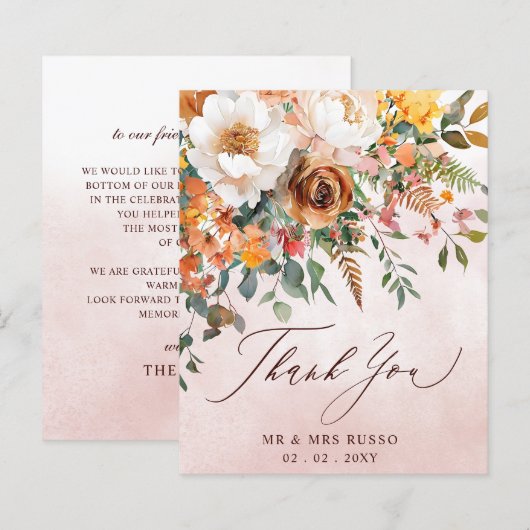 オレンジの花のレトロな秋の結婚式のお礼カード (正面/裏面)