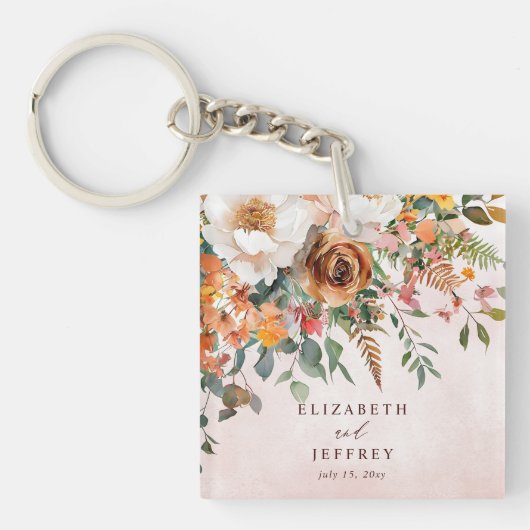 オレンジの花のレトロな秋の結婚式 キーホルダー (正面)