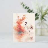 オレンジの花の枝とタンチョウ ポストカード (スタンド正面)