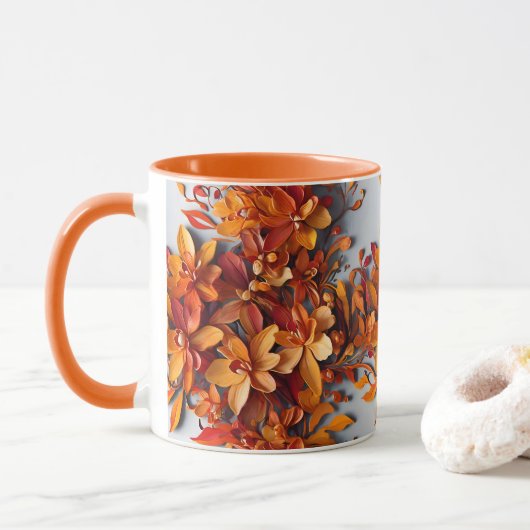 オレンジの花の柄のツートンコーヒーマグ マグカップ (ドーナツ)