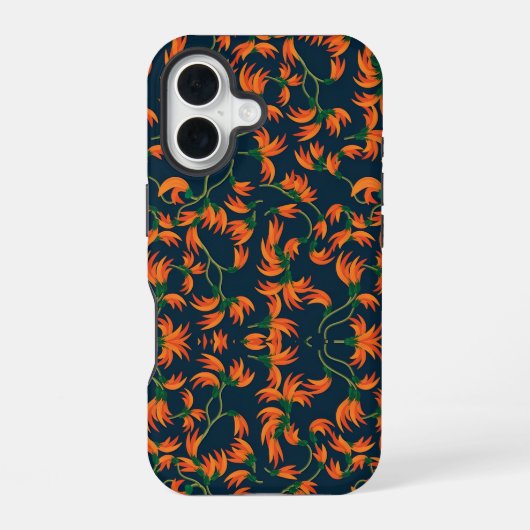 オレンジの花の流れるパターン iPhone 16ケース (裏面)