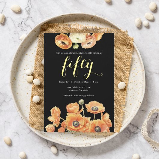 オレンジの花の秋の50歳誕生日パーティー 招待状