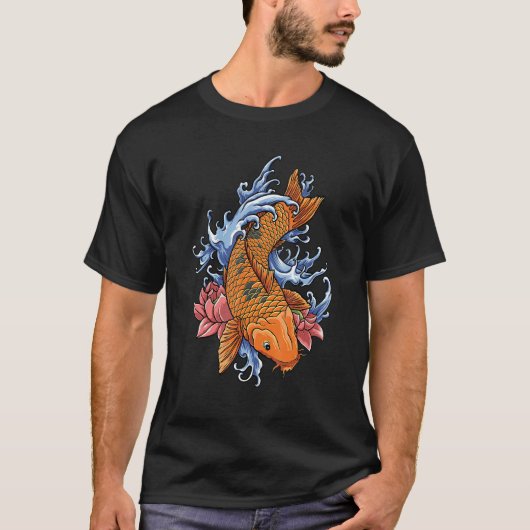 オレンジの花の鯉の魚のグラフィック鯉 Tシャツ (正面)