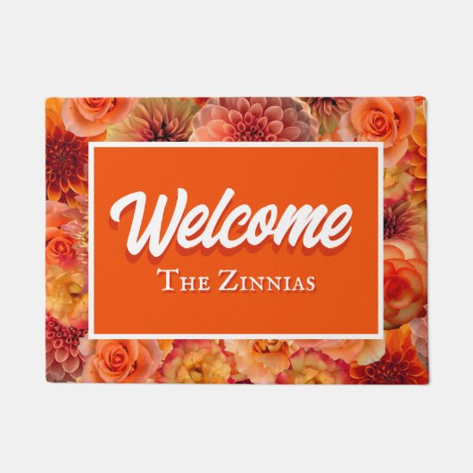 オレンジの花をあしらった、あなただけの玄関ドア 歓迎メッセージ ドアマット (正面)