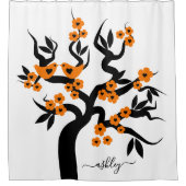 オレンジの花ラブバード桜さくらんぼツリー シャワーカーテン (正面)