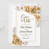 オレンジの花柄がおしゃれな結婚式のSave the Date 招待状 (正面)